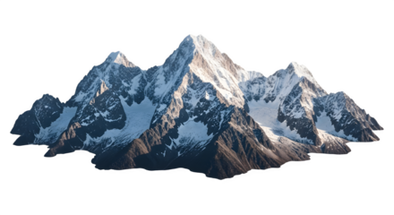 Majestic snow capped mountain range isolated on a white background.