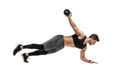 Man performing plank exercise with dumbbell for core strength.