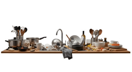 Messy kitchen sink with dirty dishes and utensils piled up.