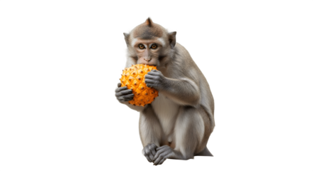 Monkey eating a pineapple on a white background.