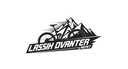 Mountain bike logo with mountain range silhouette for adventure sports club.