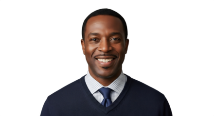 Smiling 43-47-year-old Black man, a professional meteorologist, in a V-neck sweater and tie, isolated on transparent background. Ideal for weather reports, corporate profiles, diversity initiatives,