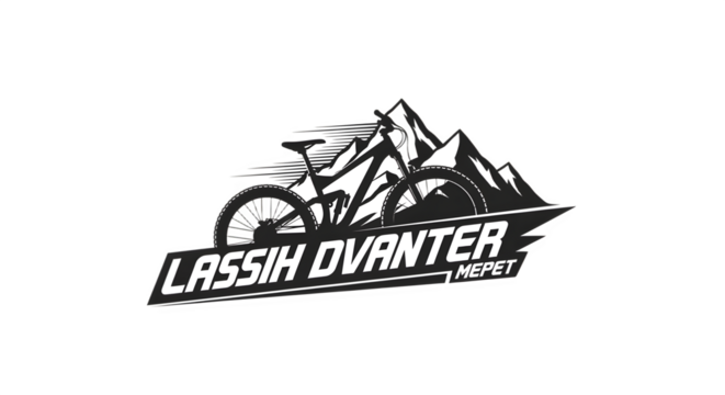 Mountain bike logo with mountain range silhouette for adventure sports club.