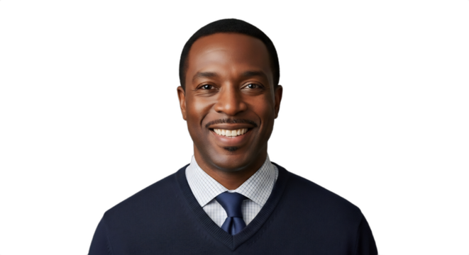 Smiling 43-47-year-old Black man, a professional meteorologist, in a V-neck sweater and tie, isolated on transparent background. Ideal for weather reports, corporate profiles, diversity initiatives,