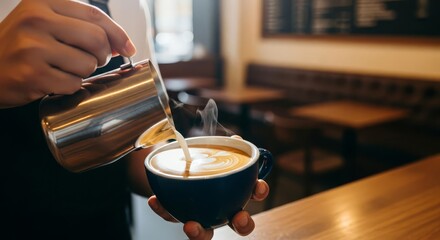 Barista Pouring Steamed Milk to Create Latte Art