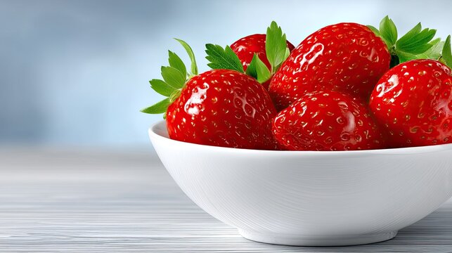 Close Up Of Fresh Red Strawberries With Green Leaves In A White Ceramic Bowl With A Blurred Blue Background And White Table Top - Powered by Adobe