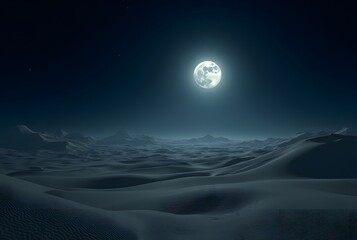 Desert Panorama Under Full Moon: A panoramic nightscape of a vast desert under a full moon, sand dunes casting long silver shadows, with a quiet sky full of stars and a feeling of endless stillness.