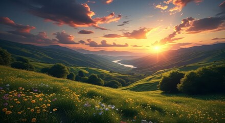 Vibrant Sunset Over Lush River Valley