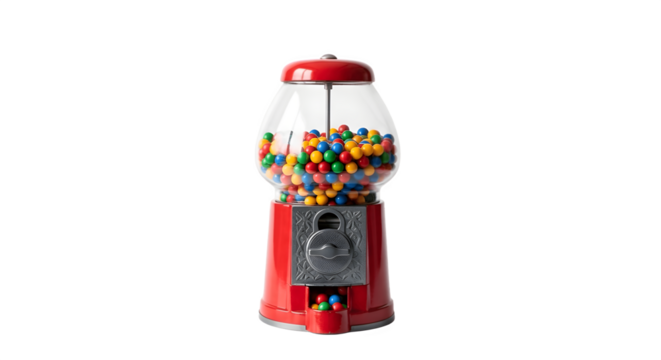 Red Gumball Machine Filled with Colorful Candies on White Background.