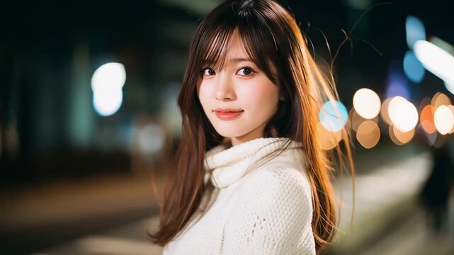 街の背景と美女のポートレート