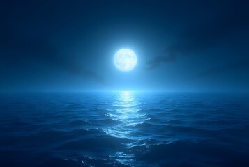 Ocean Horizon Beneath the Full Moon: A panoramic seascape with the full moon shining over the calm ocean, waves softly glimmering with moonlight, horizon stretching endlessly.