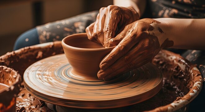 Crafting Beauty Hands Shaping Clay on Pottery Wheel, Artistic Expression & Tradition