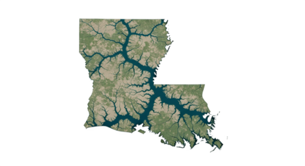 Satellite View of Louisiana State with Rivers and Lakes.