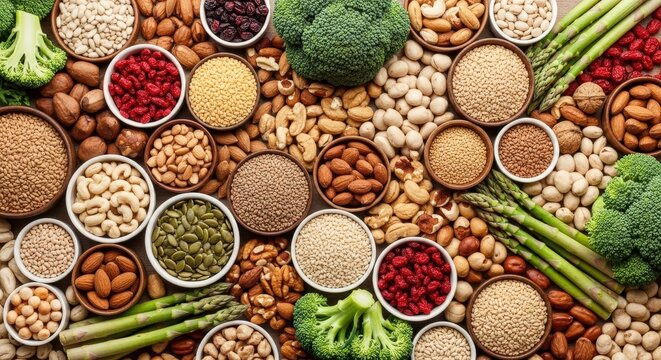 Abundant variety of healthy foods including nuts seeds legumes and fresh vegetables - Powered by Adobe