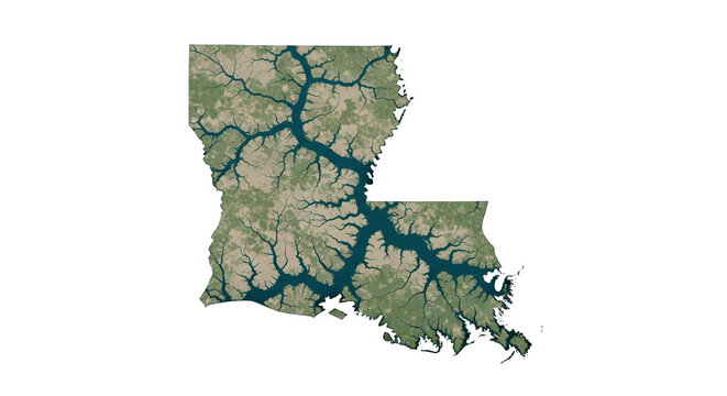 Satellite View of Louisiana State with Rivers and Lakes.