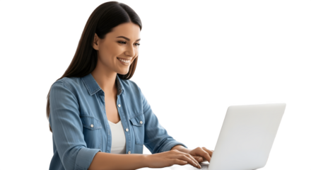Smiling Young Woman Engaged in Work on Laptop.