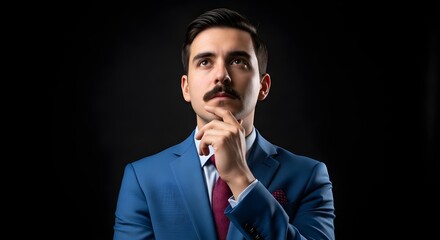 Pensive Entrepreneur Businessman with a Mustache Contemplating Ideas in Suit