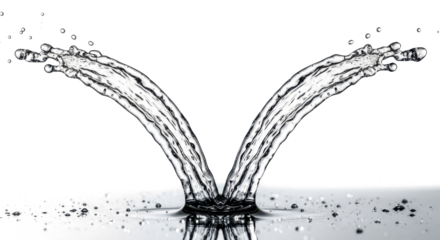 Blue water splash two streams of water splashing upwards in a symmetrical vshape, isolated on transparent background