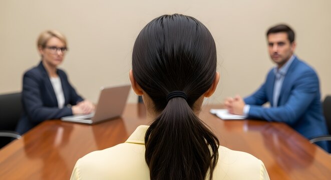 Job Interview Candidate Facing Panel with Laptop and Professional Setting Background