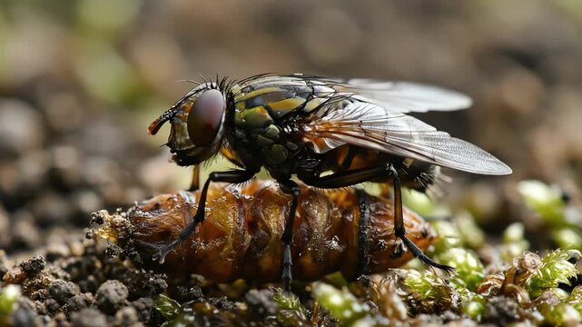 Fly emerging from pupal casing, moist wings unfolding and expanding with hemolymph