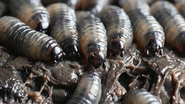 Newly hatched maggots writhing in moist substrate, pale segmented bodies glistening with organic fluid