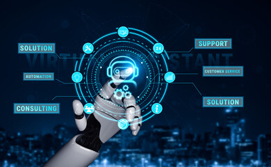 AI virtual assistant service providing business support and customer service solutions. A concept of 24 7 AI automation for business efficiency. Motif
