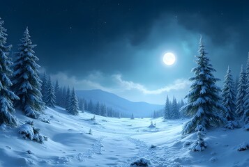 Snowfield Panorama Under Winter Full Moon: A panoramic winter scene with a full moon illuminating a snow-covered landscape, frosty air glistening, distant pine trees.