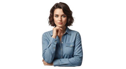 Thoughtful woman with short brown hair poses confidently in denim shirt.