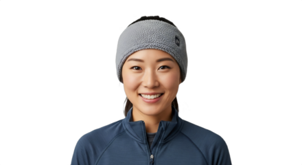 Smiling East Asian woman, 25-29, snowshoe guide, base layer, headband. Professional studio portrait for winter sports ads, travel blogs, wellness promotion, lifestyle content.