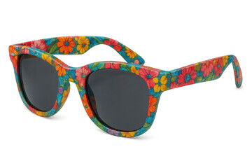 Colorful sunglasses showing a floral hippie pattern, summer fashion accessory for sun protection, with transparent background