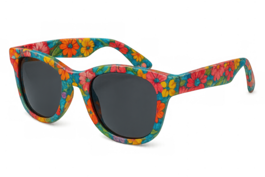 Colorful sunglasses showing a floral hippie pattern, summer fashion accessory for sun protection, with transparent background