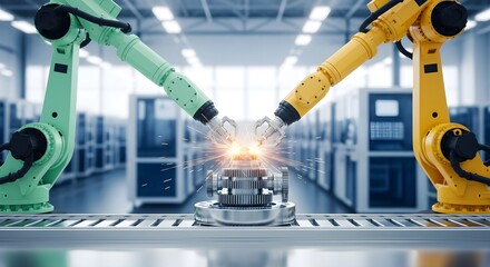 Automated Factory Robotic Arms Working Together on Production Line, Manufacturing Efficiency