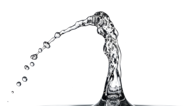 Blue water splash abstract water sculpture with droplets trailing from a dynamic splash isolated on transparent background