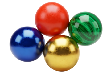 Four colorful balls, red, blue, green, and yellow isolated on transparent background