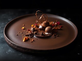 Artistic Chocolate Sheet Dessert with Abstract Garnish: A creative flat chocolate dessert sheet designed with abstract artistic garnishes, and modern geometric plating on a dark background.