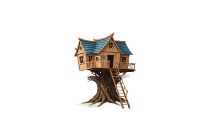 Whimsical Wooden Treehouse with Ladder and Blue Roof.