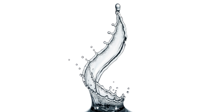 Blue water splash graceful water splash forming a dynamic curve, frozen in time, isolated on transparent background