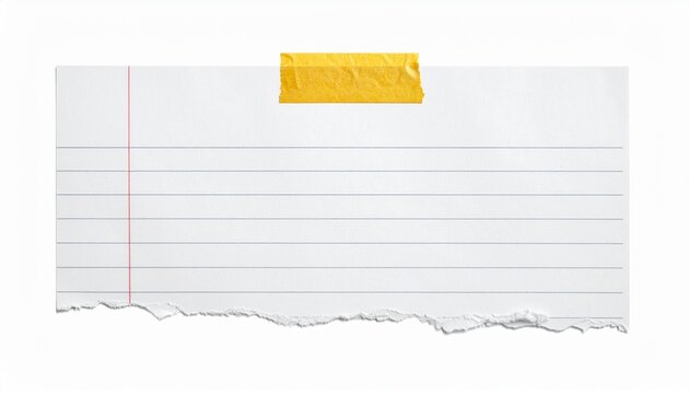 Blank lined paper with torn edge and yellow adhesive tape, isolated on white background, perfect for notes, reminders, or text overlay.