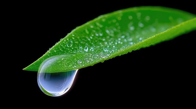 Close up of a clear water droplet suspended from a vibrant green leaf with a black background and sharp focus on the water and leaf surface