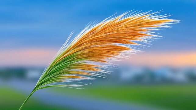 Close-up of a delicate ornamental grass plume with golden and green hues swaying gently against a soft blue and orange twilight sky with a blurred natural landscape background - Powered by Adobe