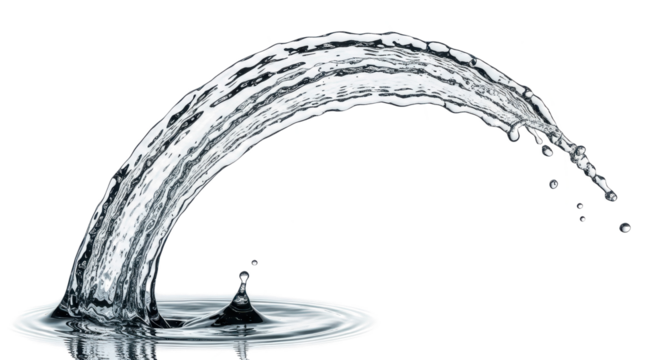 Blue water splash a dynamic arc of clear water splashing upwards, isolated on transparent background