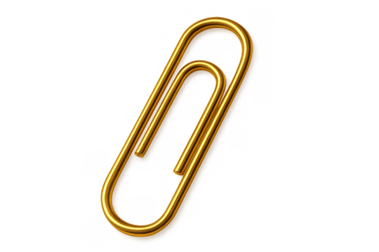 Golden paperclip holding papers together, symbol of organization, office work, business, and connection, transparent background - Powered by Adobe