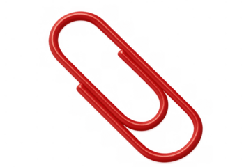 Red paperclip holding documents together, symbolizing organization, office work, and connectivity. Transparent background