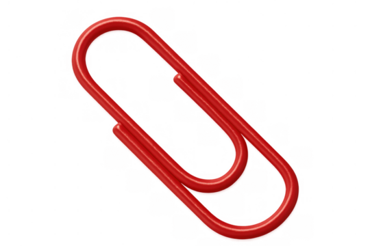 Red paperclip holding documents together, symbolizing organization, office work, and connectivity. Transparent background - Powered by Adobe