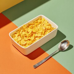 A rectangular white bowl filled with golden flakes of cereal sits on a split orange and mint green background. A spoon rests beside it