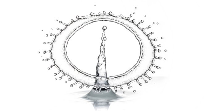 Blue water splash an oval water splash with a central column and droplets, isolated on transparent background