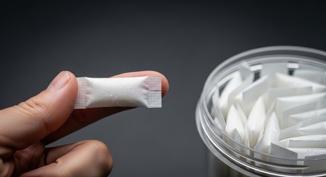 Close up of a person holding a nicotine pouch next to a full container of pouches