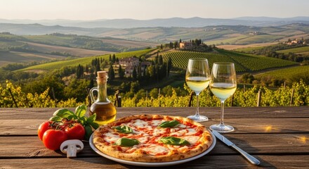 Naklejka premium Delicious italian pizza and wine served outdoors with a scenic tuscan landscape background