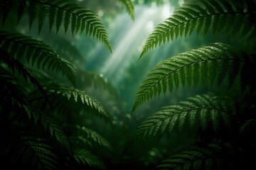 Fototapeta premium Sunlight filtering through lush rainforest ferns. Use for travel marketing, eco-tourism ads, environmental awareness, and relaxation or meditation visuals. 