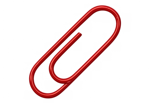 Red shiny paper clip presenting office stationery supply for organizing documents and papers, transparent background